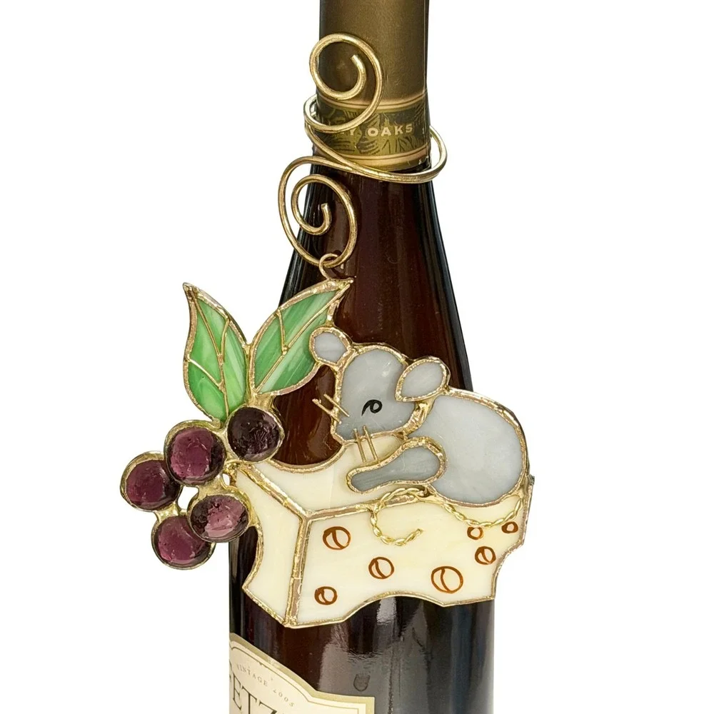 Stained Glass Wine Bottle Topper Ornament Mouse Swiss Cheese Grapes 4.25